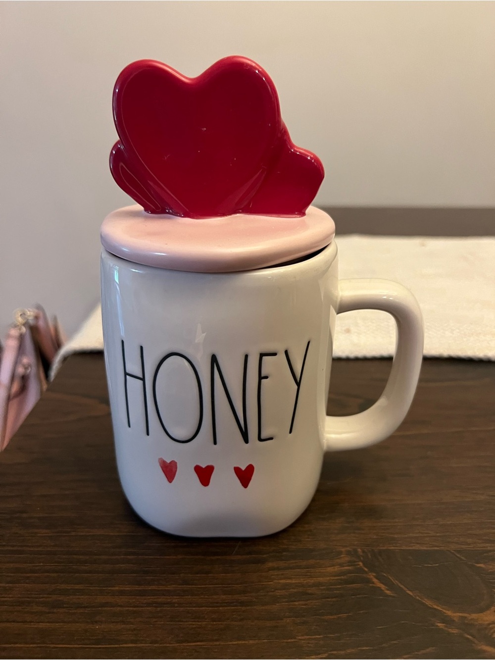 Rae Dunn White 'HONEY' Ceramic Mug with Pink Heart Lid